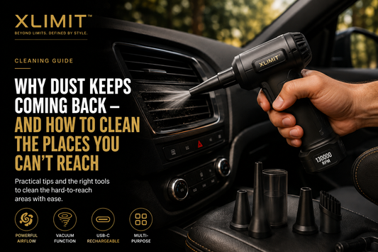 XLIMIT cordless jet blower cleaning dust from a car air vent