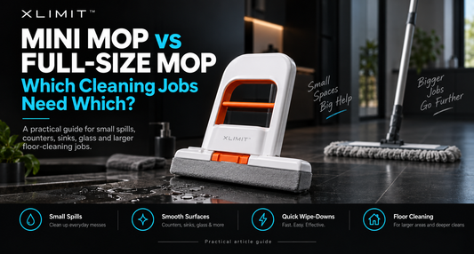 XLIMIT QuickWring mini mop compared with a full-size floor mop for small spills, counters, glass and larger floor-cleaning jobs