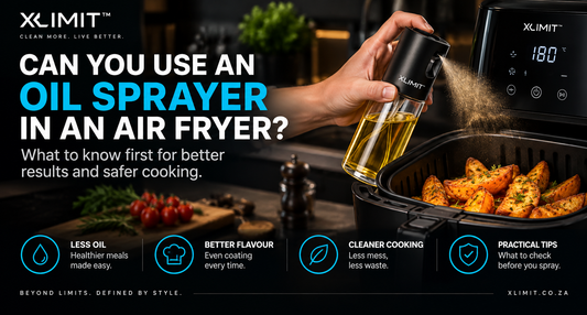 XLIMIT PourMist oil sprayer applying cooking oil to food for an air fryer, illustrating safe and controlled oil-spraying use