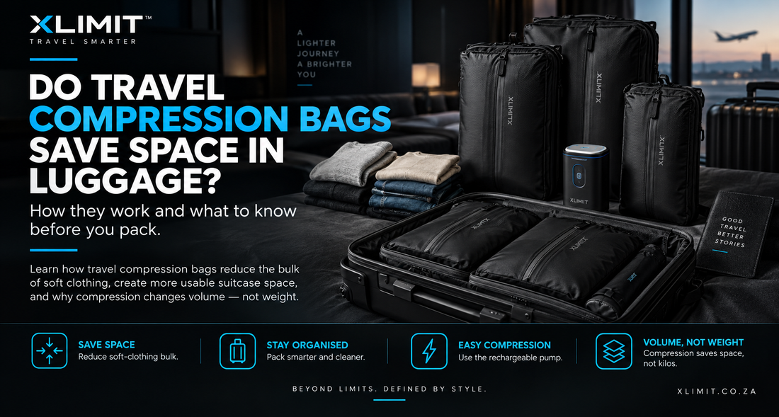 XLIMIT travel compression bags and rechargeable pump packed in luggage to reduce clothing bulk and create more suitcase space