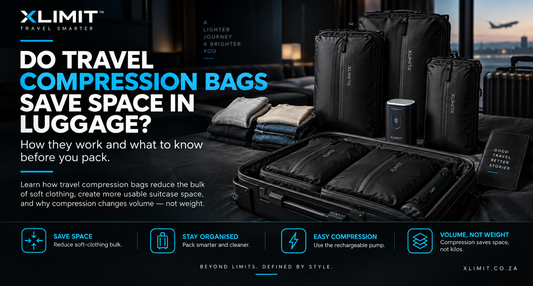 XLIMIT travel compression bags and rechargeable pump packed in luggage to reduce clothing bulk and create more suitcase space