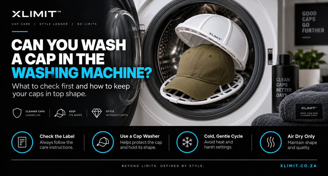 XLIMIT cap washer and shape protector holding a cap inside a washing machine for a guide on washing caps safely