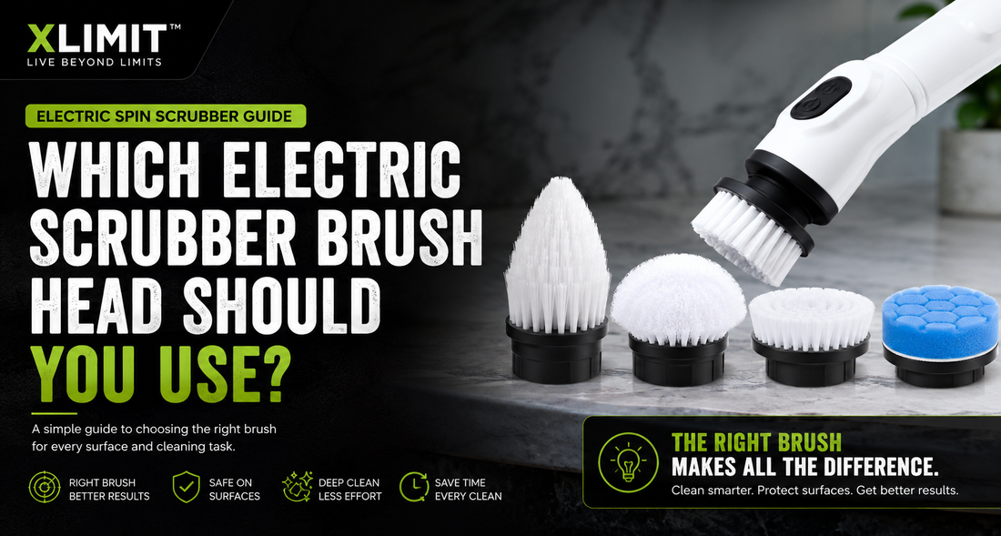 XLIMIT electric scrubber brush head guide showing multiple brush attachments