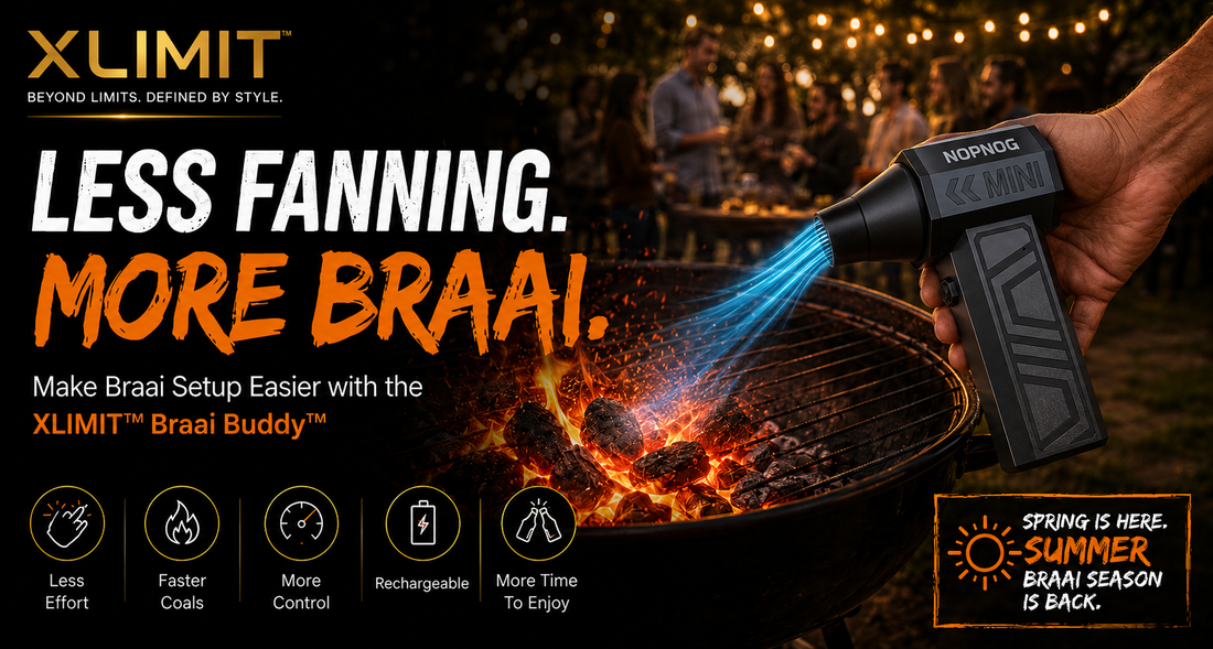 XLIMIT Braai Buddy cordless fire blower helping prepare charcoal for a South African braai