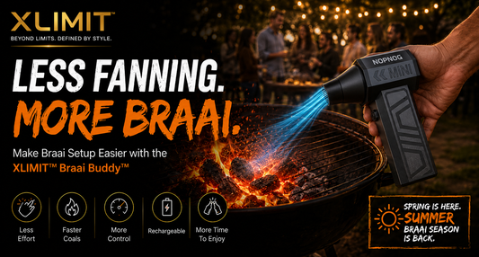 XLIMIT Braai Buddy cordless fire blower helping prepare charcoal for a South African braai