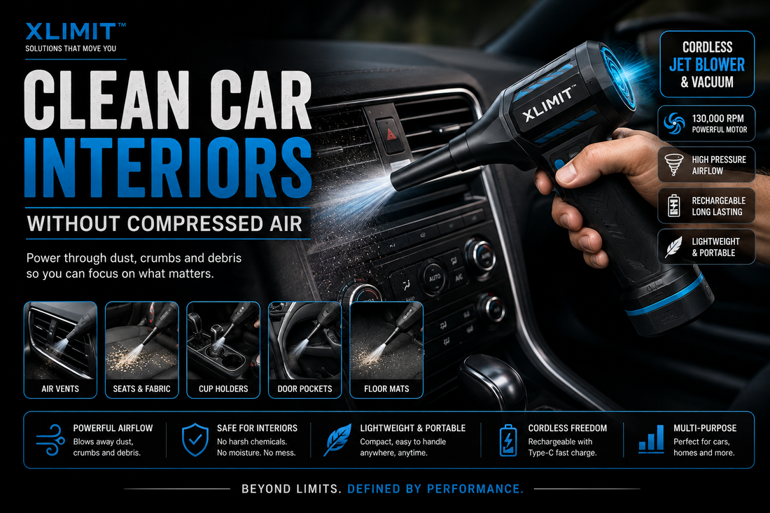 XLIMIT Clean Car Interiors wide article hero featuring the cordless jet blower and vacuum with blue accents for car interior detailing