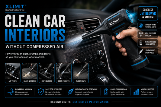 XLIMIT Clean Car Interiors wide article hero featuring the cordless jet blower and vacuum with blue accents for car interior detailing
