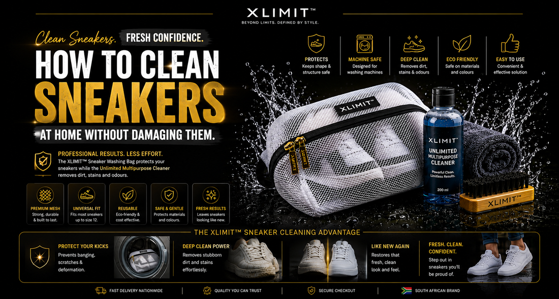 XLIMIT How to Clean Sneakers at Home Without Damaging Them article hero featuring sneaker washing bag and multipurpose cleaner