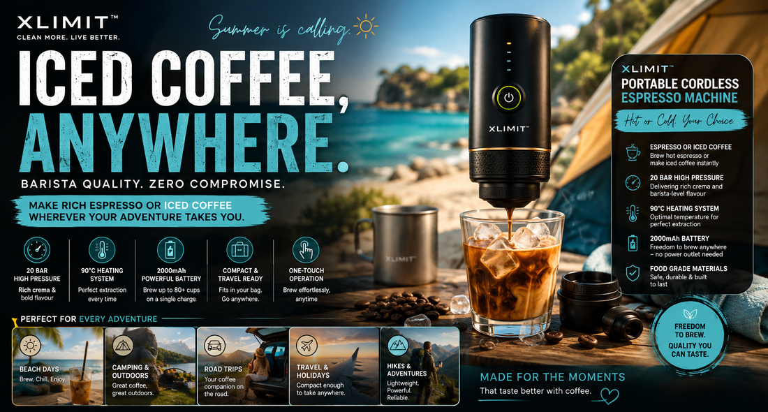 XLIMIT Iced Coffee Anywhere summer hero featuring the portable cordless espresso machine