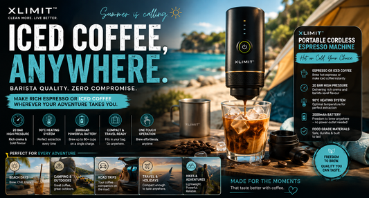 XLIMIT Iced Coffee Anywhere summer hero featuring the portable cordless espresso machine