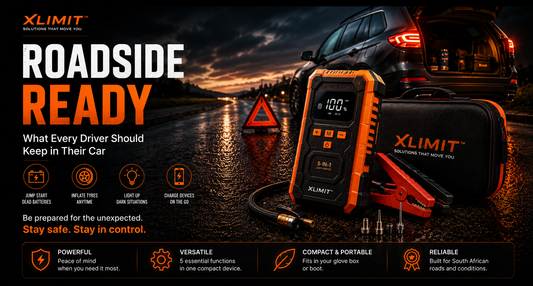 XLIMIT Roadside Ready wide article hero featuring the orange and black 5-in-1 portable car jump starter and air compressor for South African roadside emergencies