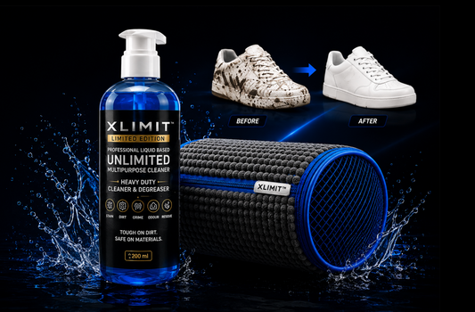 XLIMIT sneaker care article poster showing the Unlimited Multipurpose Cleaner and Sneaker Washing Bag with before and after sneakers