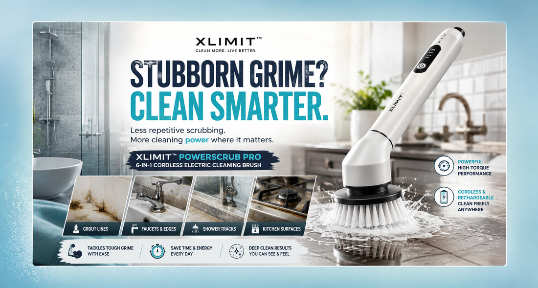 XLIMIT Stubborn Grime Clean Smarter article hero featuring the PowerScrub Pro cordless electric cleaning brush
