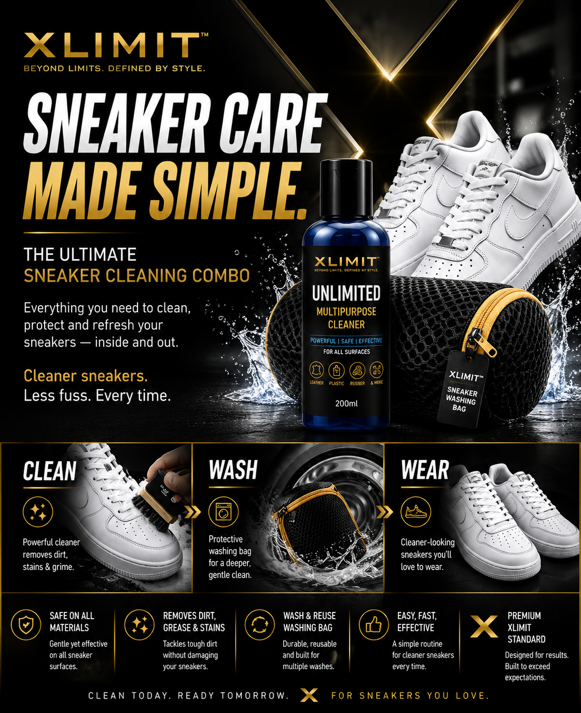 XLIMIT Sneaker Care Collection featuring the Ultimate Sneaker Cleaning Combo with 200 ml multipurpose cleaner and sneaker washing bag