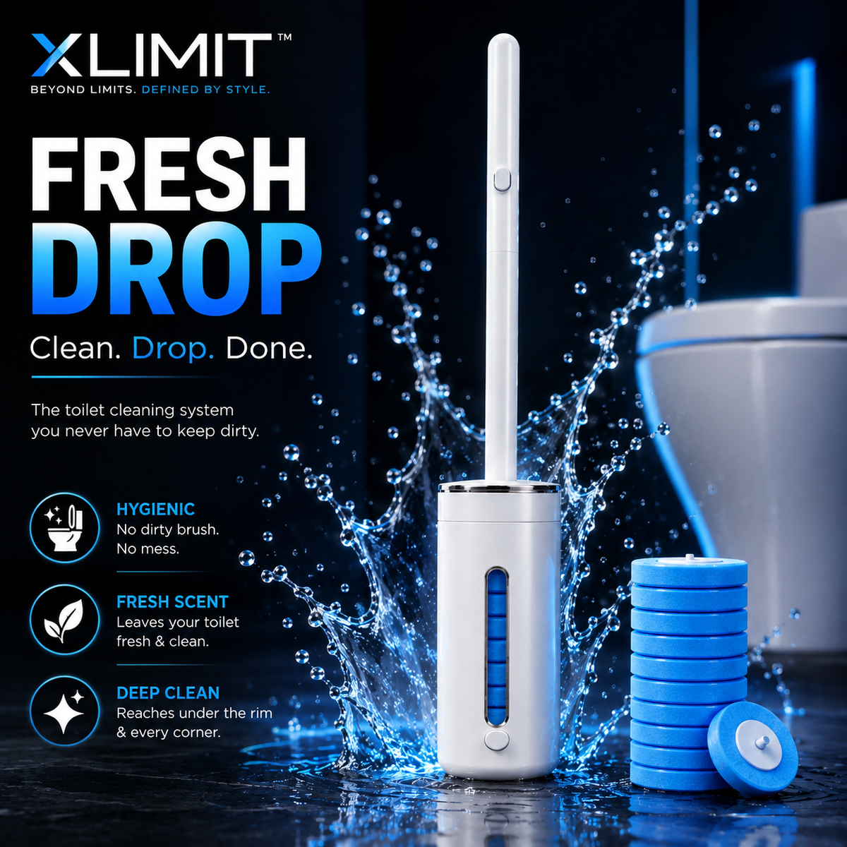 FreshDrop hygienic toilet cleaning system designed to avoid storing a dirty brush