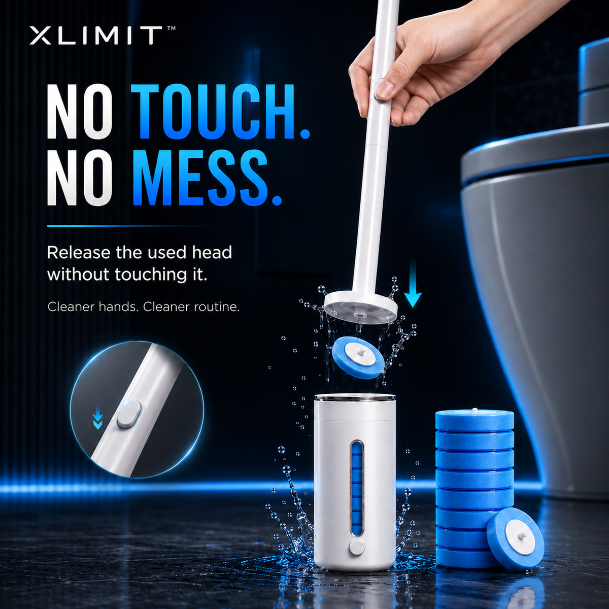 FreshDrop disposable cleaning head release system for less contact with used toilet brush surfaces