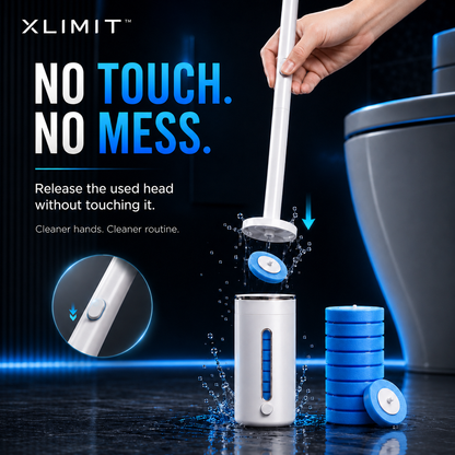 FreshDrop disposable cleaning head release system for less contact with used toilet brush surfaces