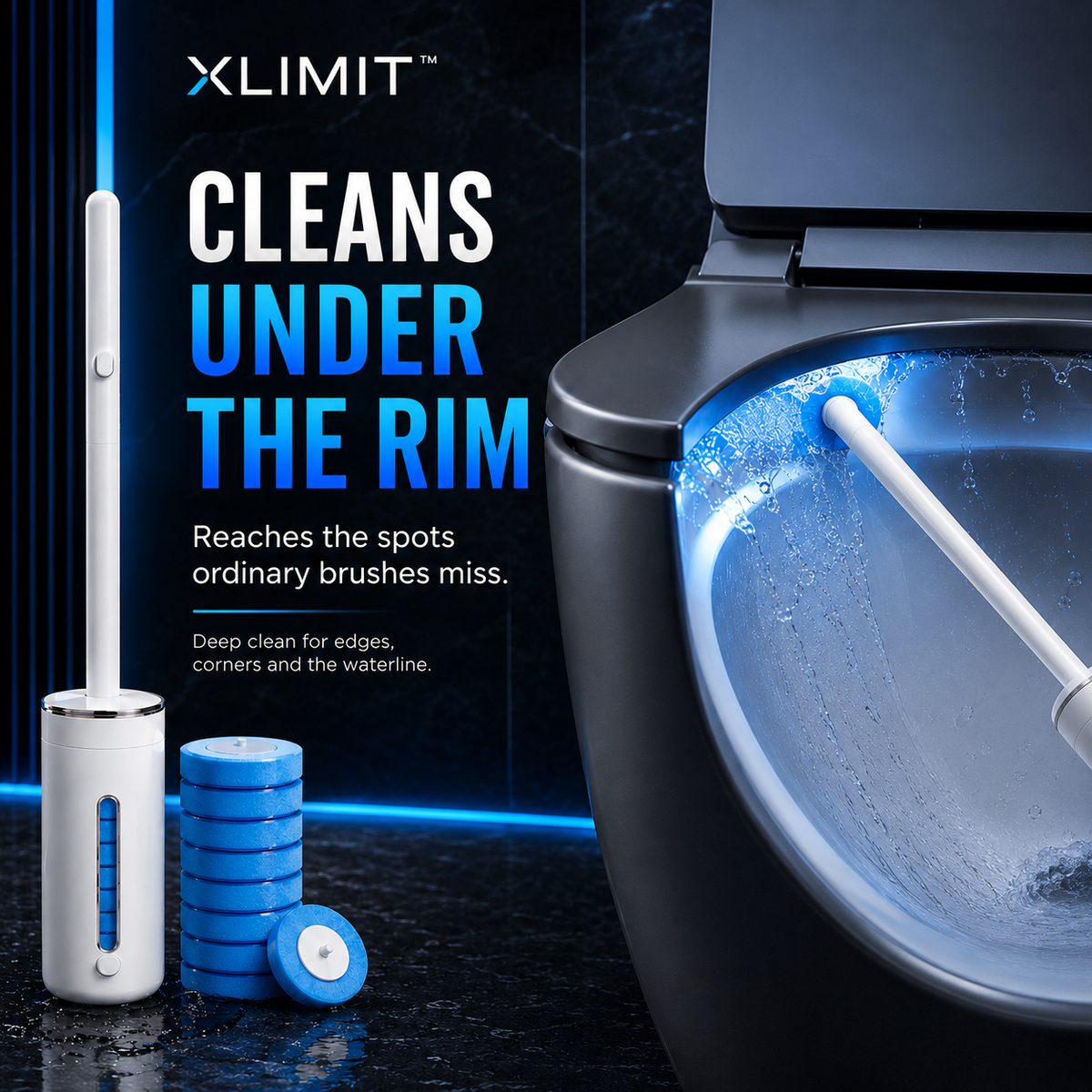 FreshDrop toilet cleaning system for cleaning under the rim and hard-to-reach bowl areas
