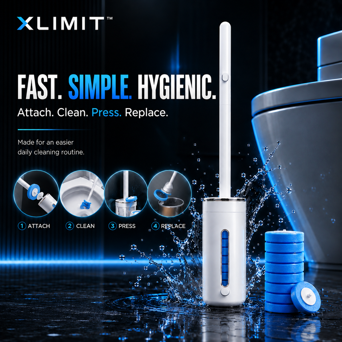 FreshDrop reusable toilet cleaning handle with disposable heads for a fast hygienic routine