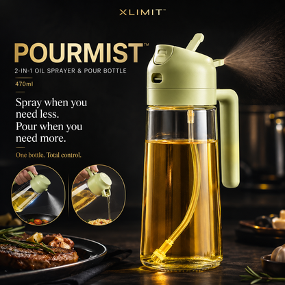 PourMist oil bottle showing spray and pour functions for controlled cooking