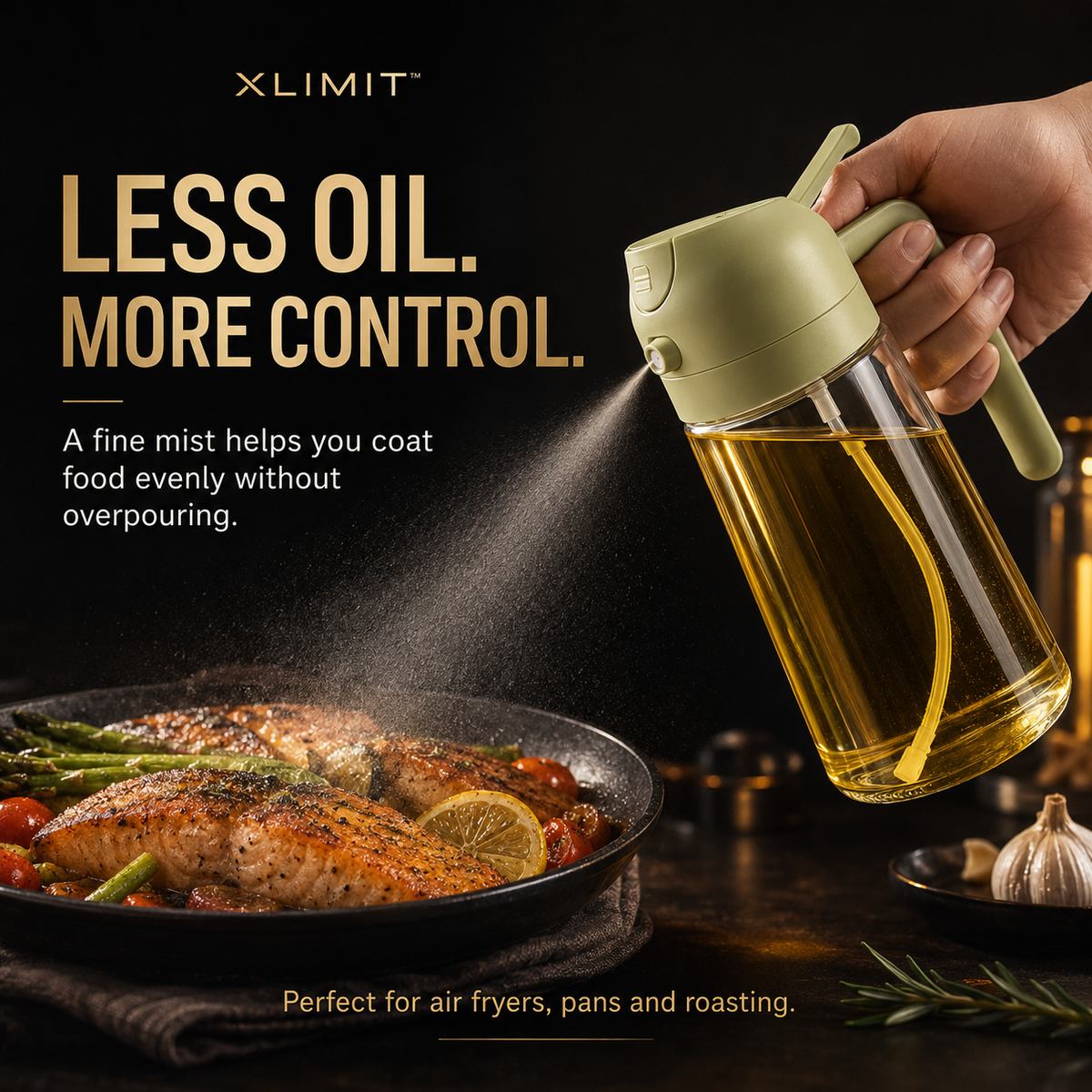 PourMist 2-in-1 oil sprayer and pour bottle hero poster with premium XLIMIT kitchen styling