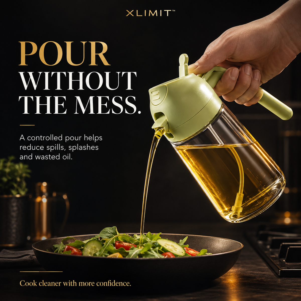 PourMist oil bottle used for controlled pouring into a pan