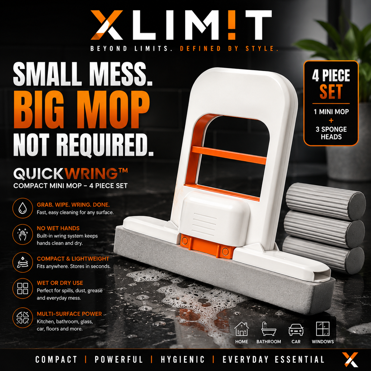 QuickWring compact mini mop showing hands-free wringing for cleaner drier hands