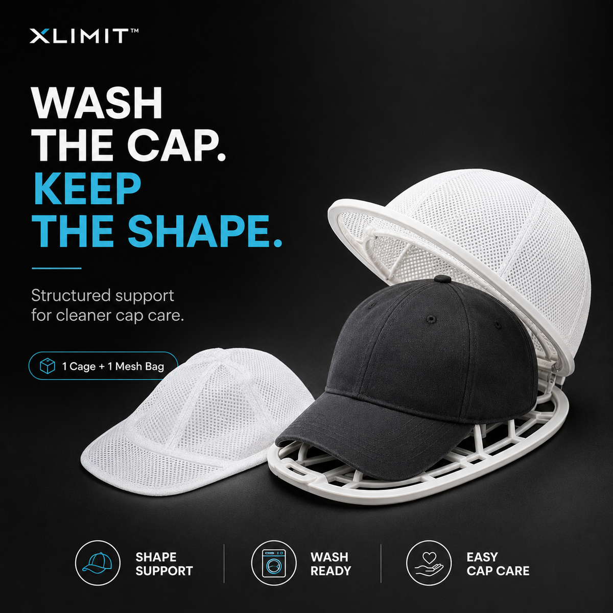 Cap Washer & Shape Protector poster showing a cap supported inside the washing cage