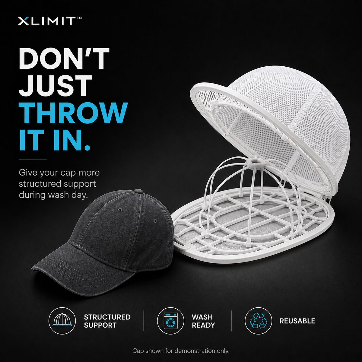 XLIMIT cap care poster highlighting shape support during suitable washing