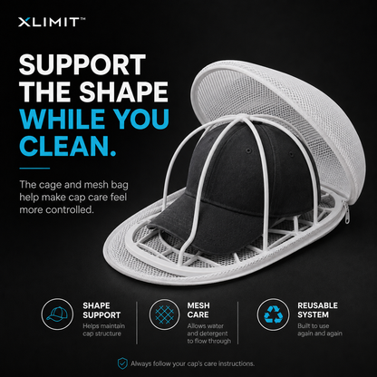 Cap washer system poster showing the support cage and zip mesh laundry bag
