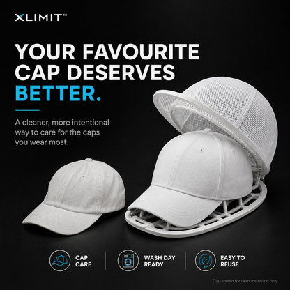 XLIMIT Cap Washer & Shape Protector hero poster showing the cap support cage and mesh laundry bag
