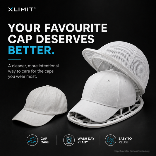 XLIMIT Cap Washer & Shape Protector hero poster showing the cap support cage and mesh laundry bag