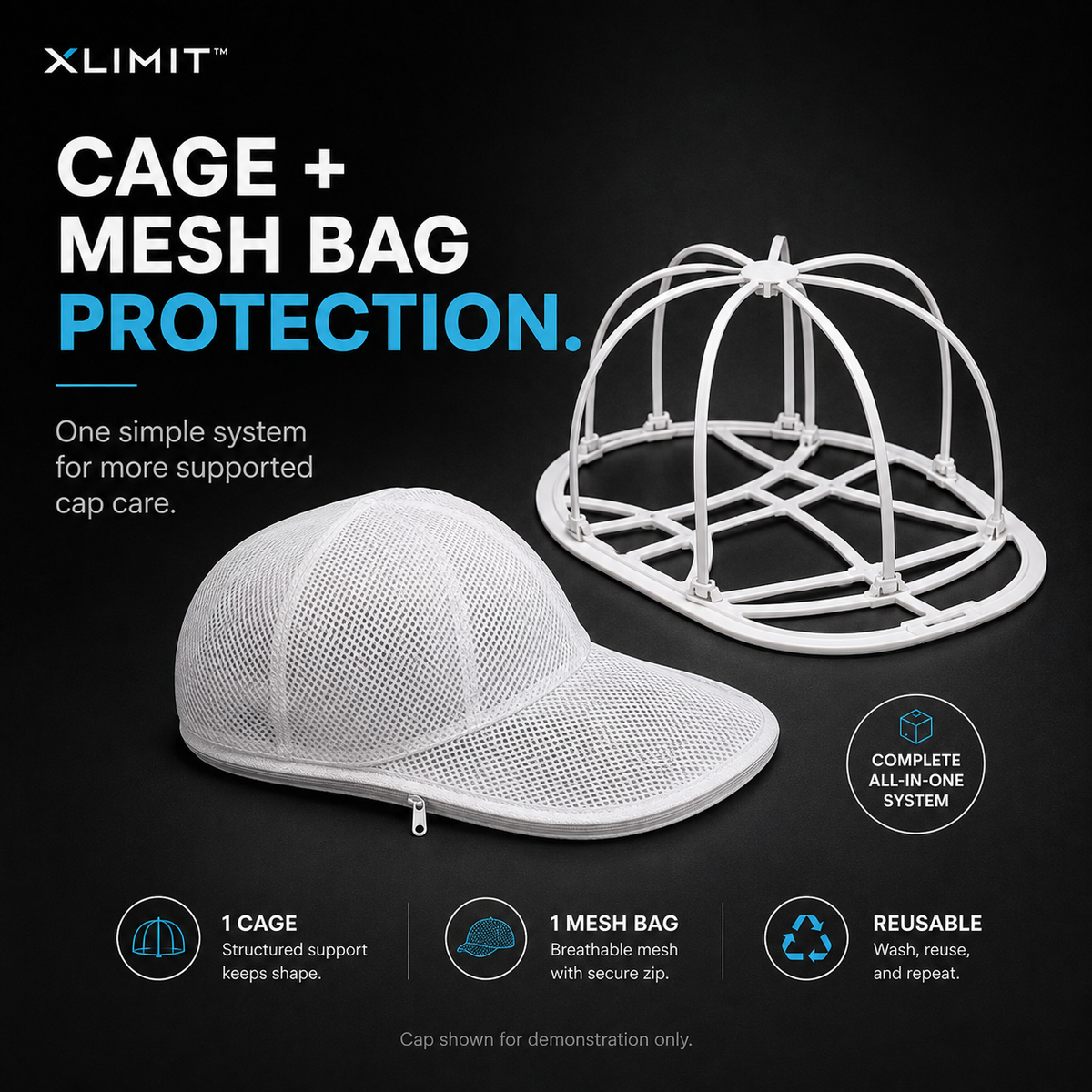 XLIMIT cap washer benefit poster for golf, gym, running, outdoor and everyday caps