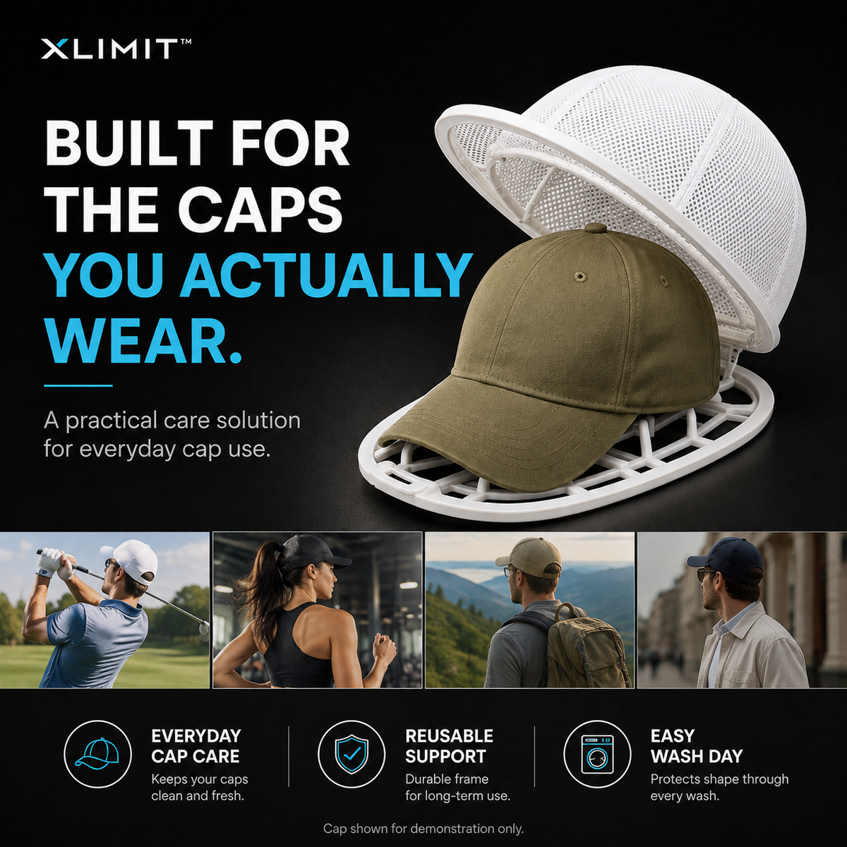 Cap care poster showing the simple fit, close, zip and wash process
