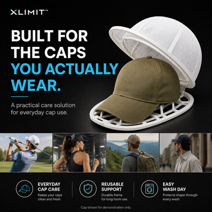 Cap care poster showing the simple fit, close, zip and wash process