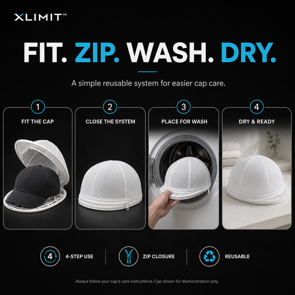 Reusable XLIMIT Cap Washer & Shape Protector poster showing the complete two-piece cap care set