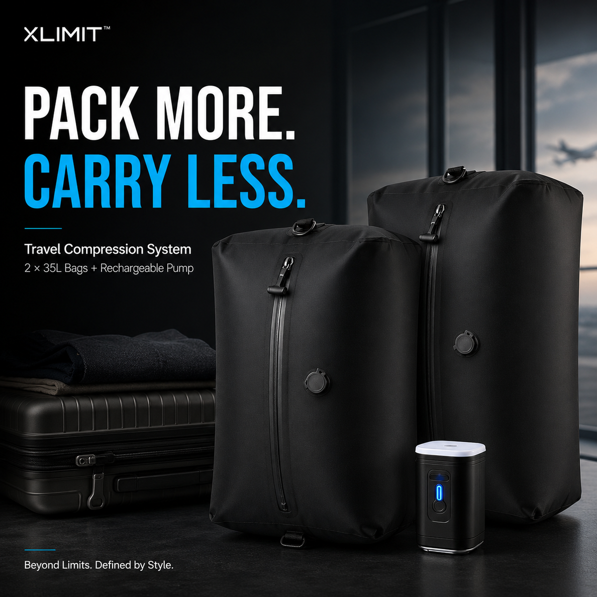 XLIMIT Travel Compression System hero image with two black 35L compression bags and rechargeable pump.