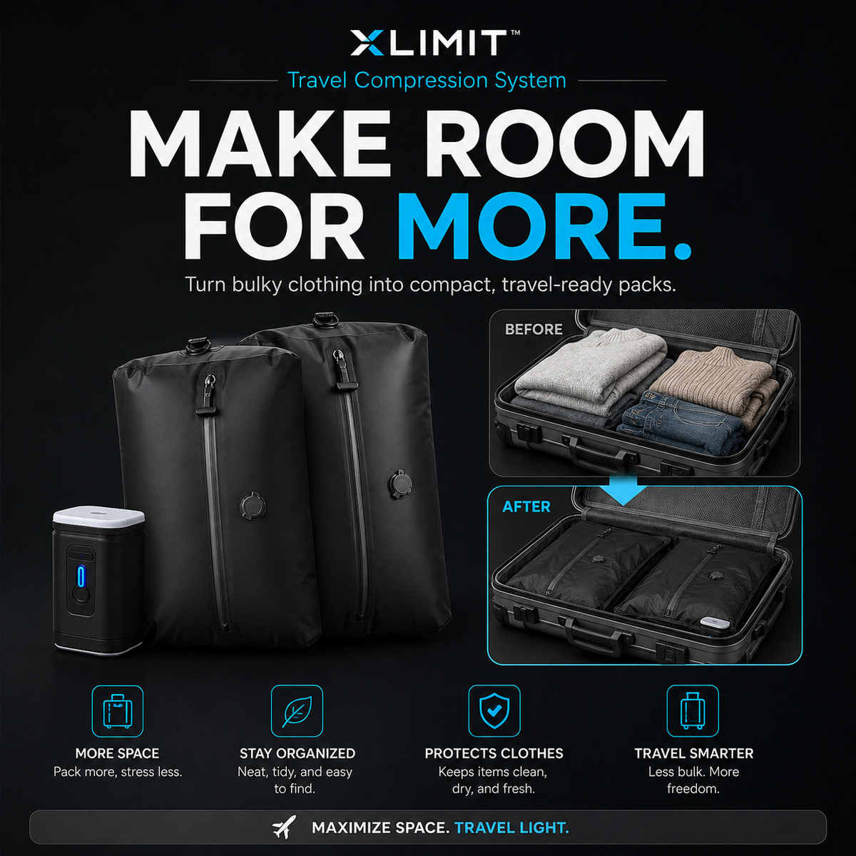 XLIMIT travel compression bags showing a before-and-after suitcase packing example for creating more usable luggage space.