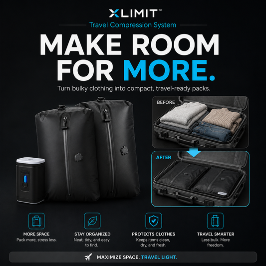 XLIMIT travel compression bags showing a before-and-after suitcase packing example for creating more usable luggage space.