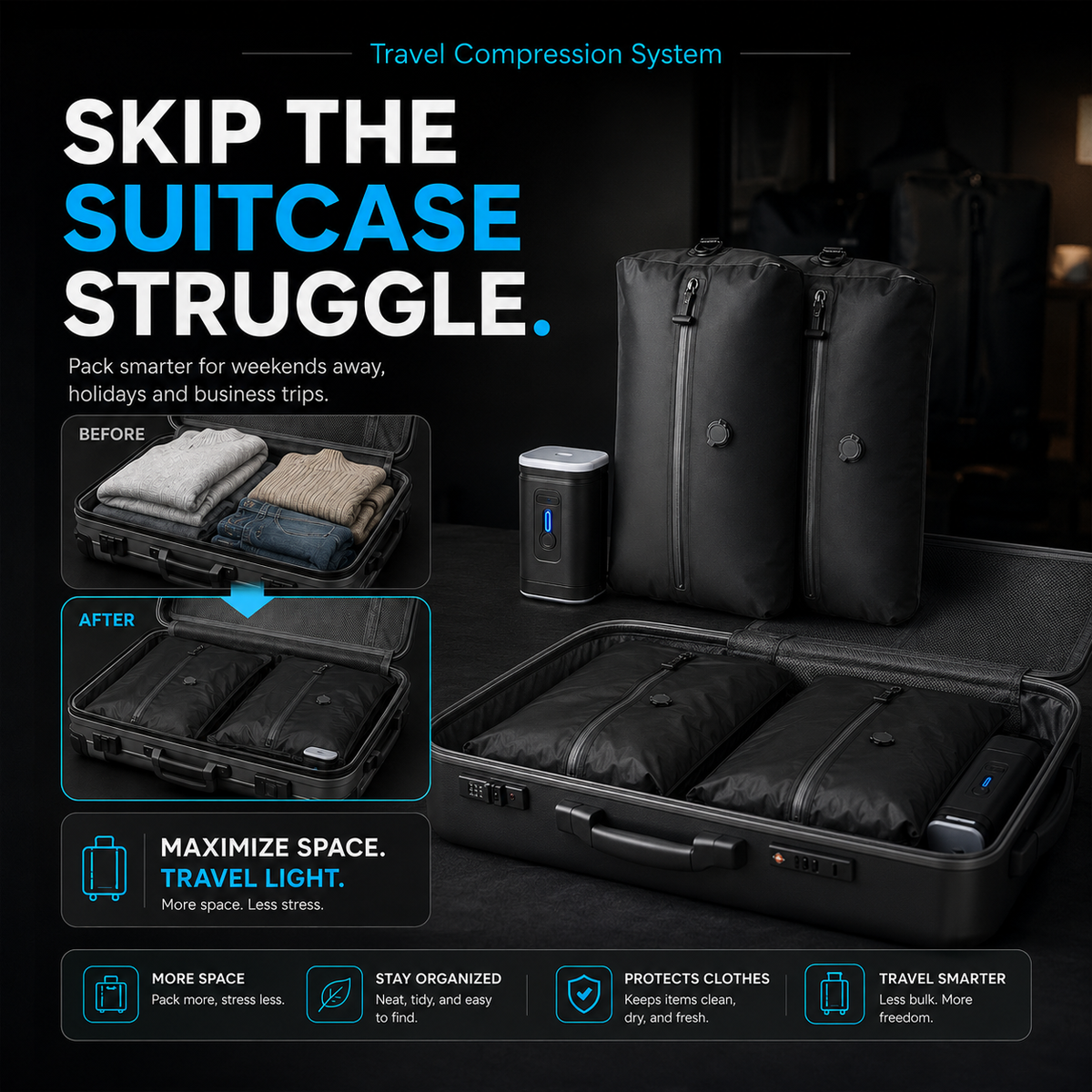 XLIMIT travel compression system showing an overfilled suitcase before compression and compact packing after compression.