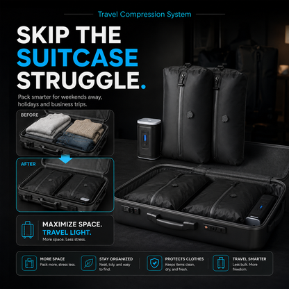 XLIMIT travel compression system showing an overfilled suitcase before compression and compact packing after compression.