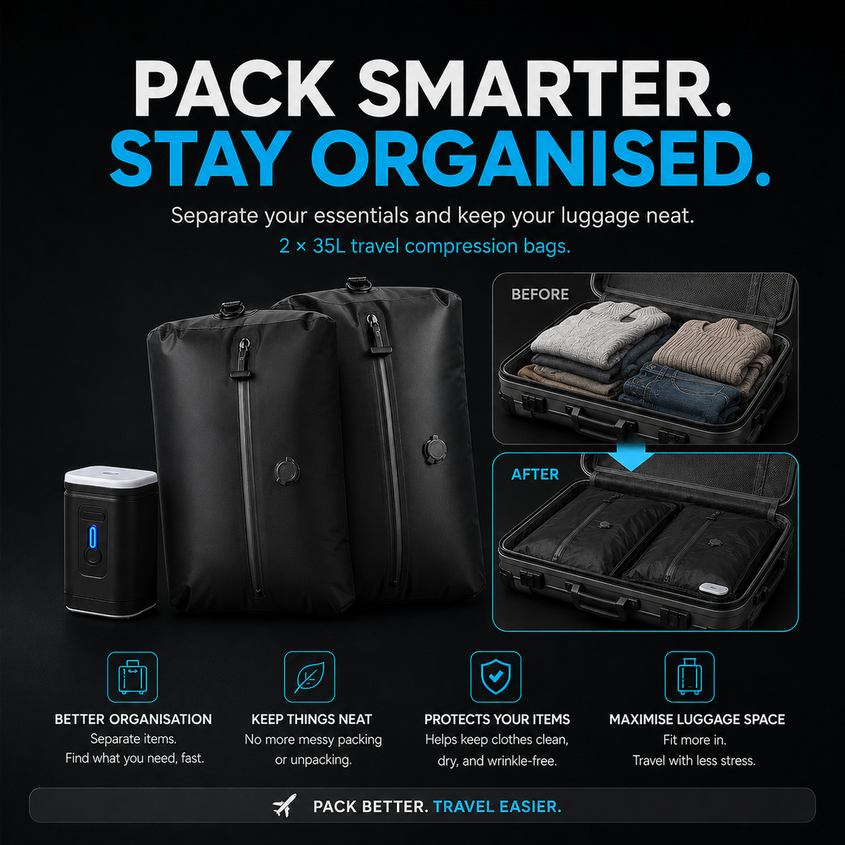 XLIMIT travel compression bags organised inside a suitcase with two black 35L bags and rechargeable pump.