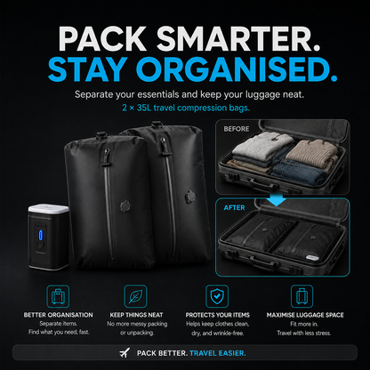 XLIMIT travel compression bags organised inside a suitcase with two black 35L bags and rechargeable pump.