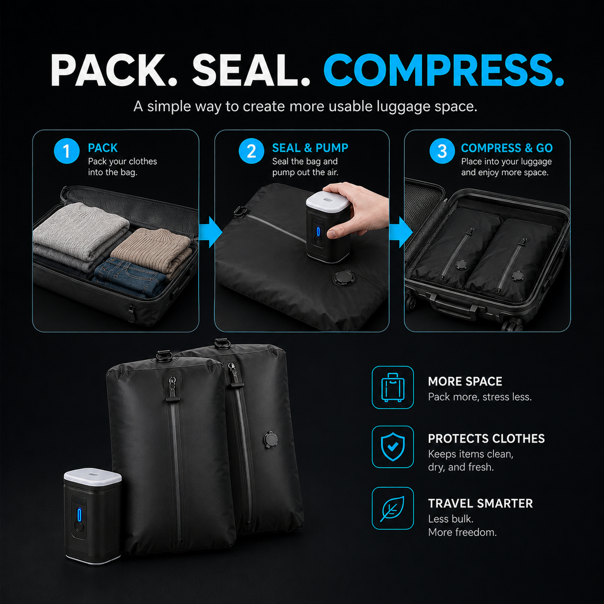 XLIMIT travel compression system showing pack, seal and compress steps with black travel bags and rechargeable pump.