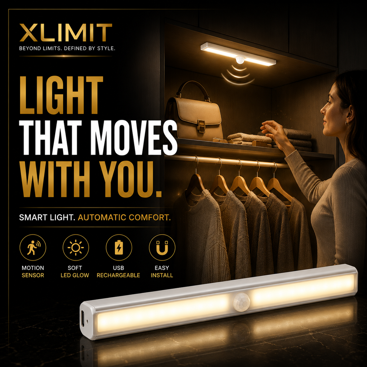 XLIMIT rechargeable motion sensor lights for automatic lighting in cupboards bedrooms passages and other dark areas