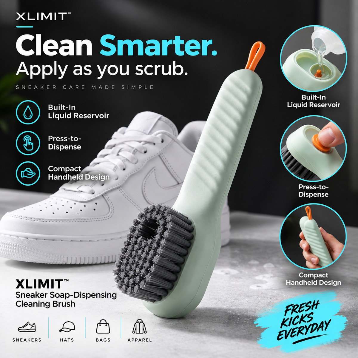 XLIMIT sneaker cleaning brush easy-cleaning feature poster