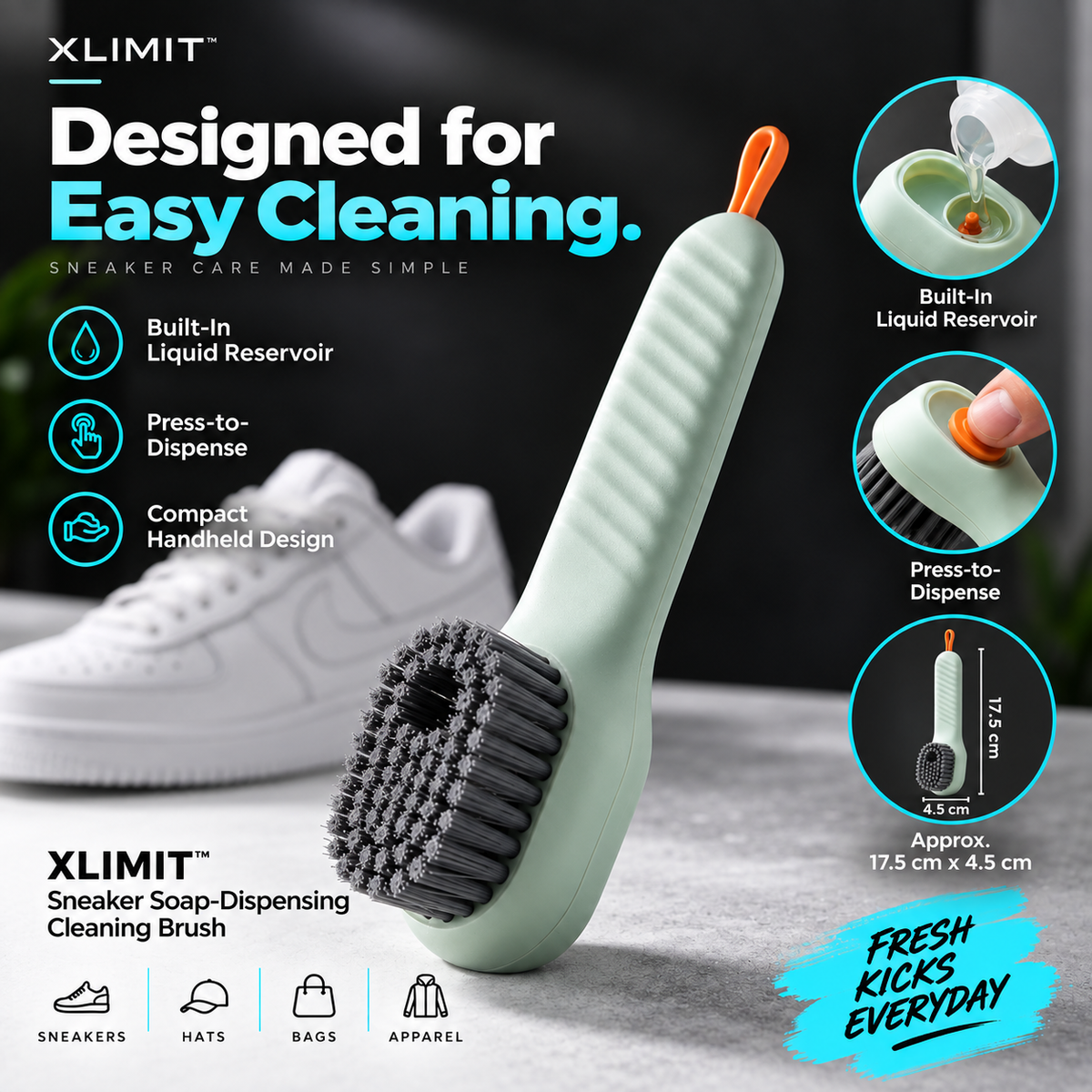 XLIMIT sneaker cleaning brush fill press scrub how-to poster