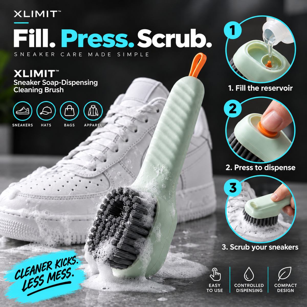 XLIMIT sneaker soap-dispensing cleaning brush hero product poster