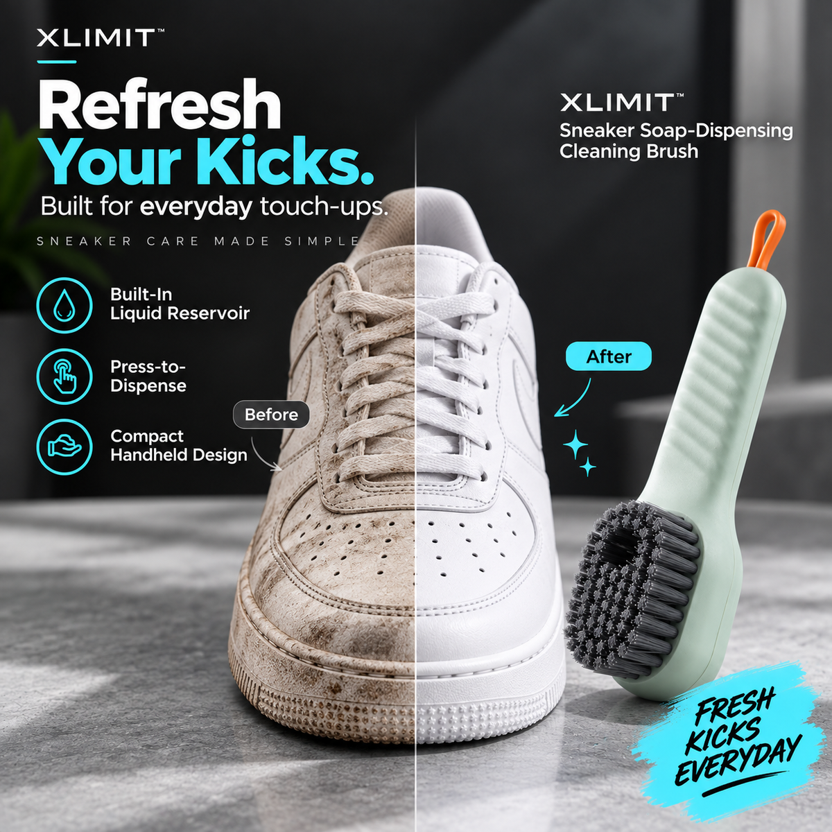XLIMIT sneaker cleaning brush before-and-after product visual