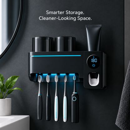Black XLIMIT Smart Dental Dock wall-mounted toothbrush organiser with digital display in a modern bathroom